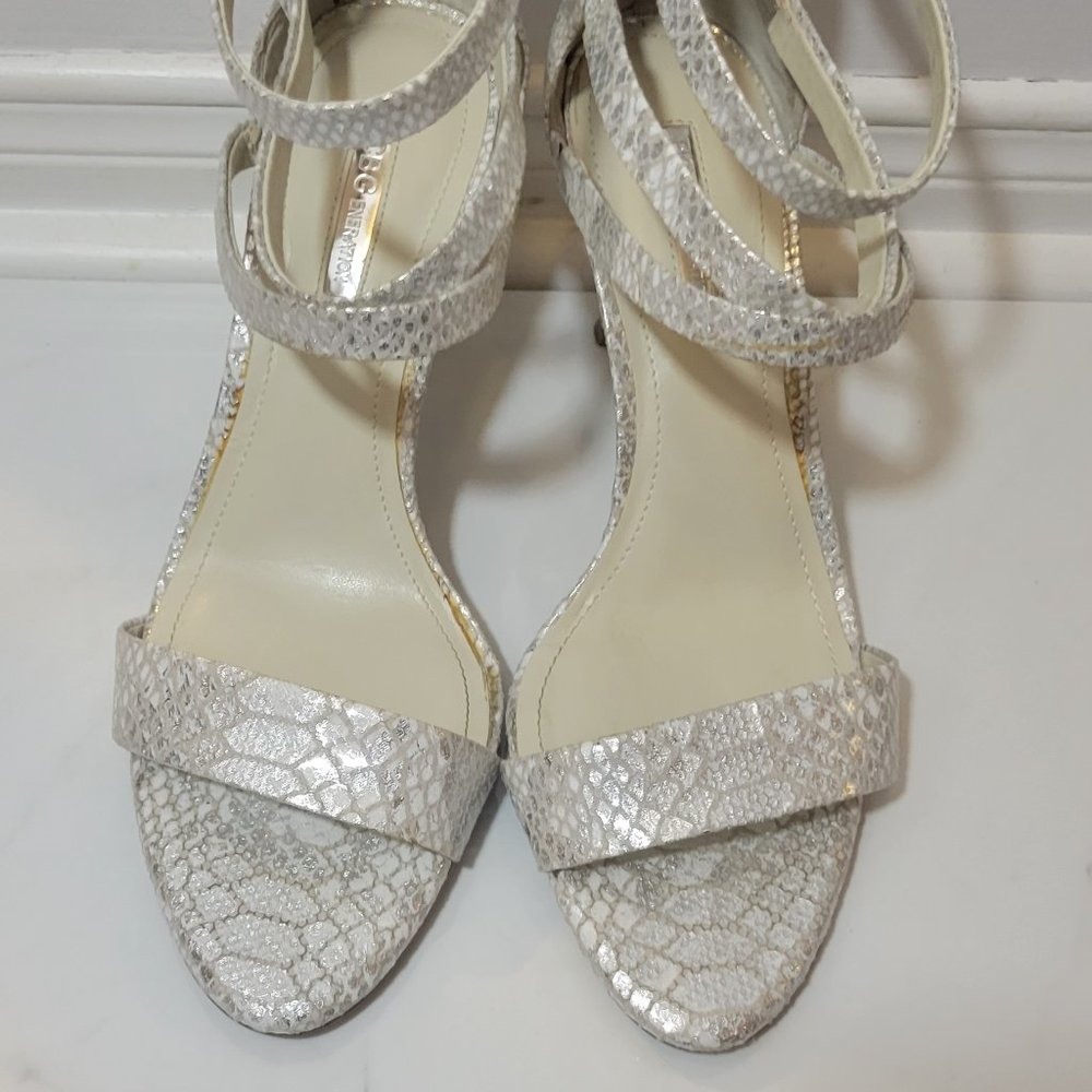 BCBG Silver and White Sandals